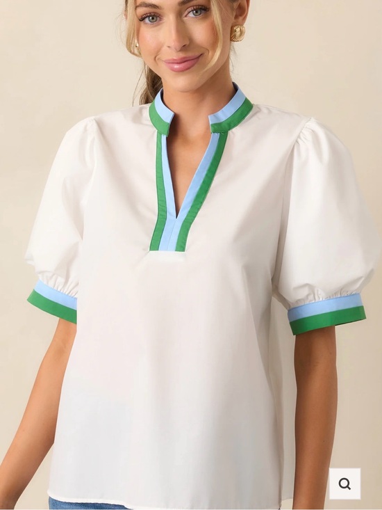 Tops - NWT White Puff Sleeve V-Neck Top with Green & Light Blue Trim XXL